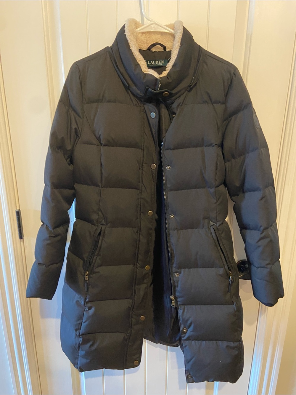 Ralph Lauren black Quilted Down Coat with Shearling Collar